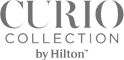 The image shows the logo for "Curio Collection by Hilton," featuring stylized text in a monochromatic design.