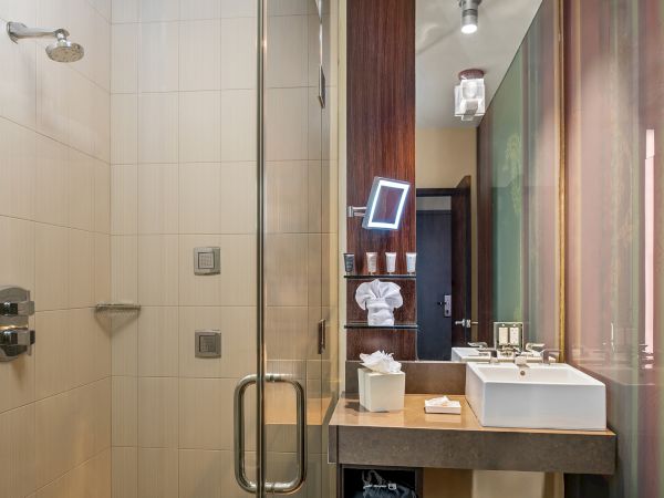 A modern bathroom features a glass-enclosed shower, a sink with a mirror, toiletries, and stylish lighting fixtures.